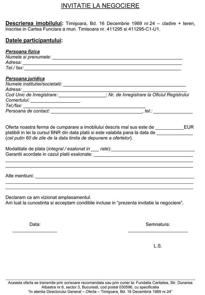 INVITATIE LA NEGOCIERE pentru vanzarea imobilului situat in Timisoara, Bdul 16 Decembrie 1989 nr. 24 anunturi imobiliare Timis