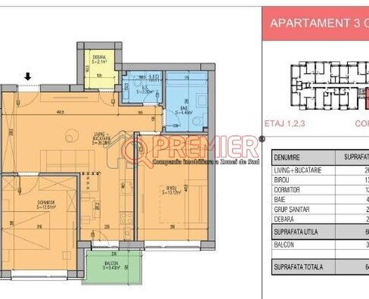 Apartament 3 camere Popesti-Leordeni, 64 mp