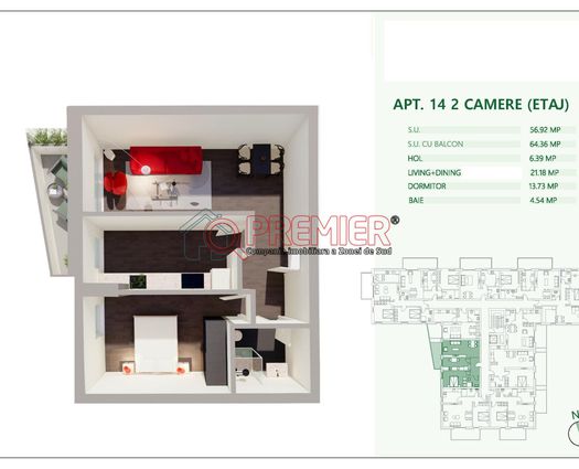 Apartament 2 camere Mihai Bravu, 64 mp