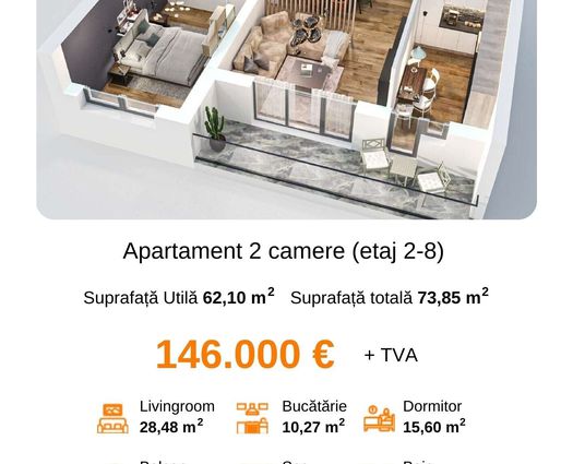 Apartament 2 camere Mihai Bravu, 73 mp