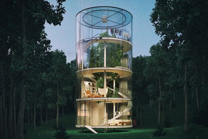 Pereți din sticlă, în jurul unui copac: casa tubulară, în armonie cu natura (FOTO)