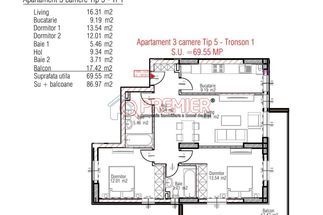 Apartament 3 camere 69 mp
