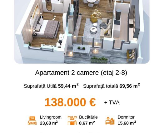 Apartament 2 camere Mihai Bravu, 70 mp