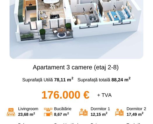 Apartament 3 camere Mihai Bravu, 78 mp