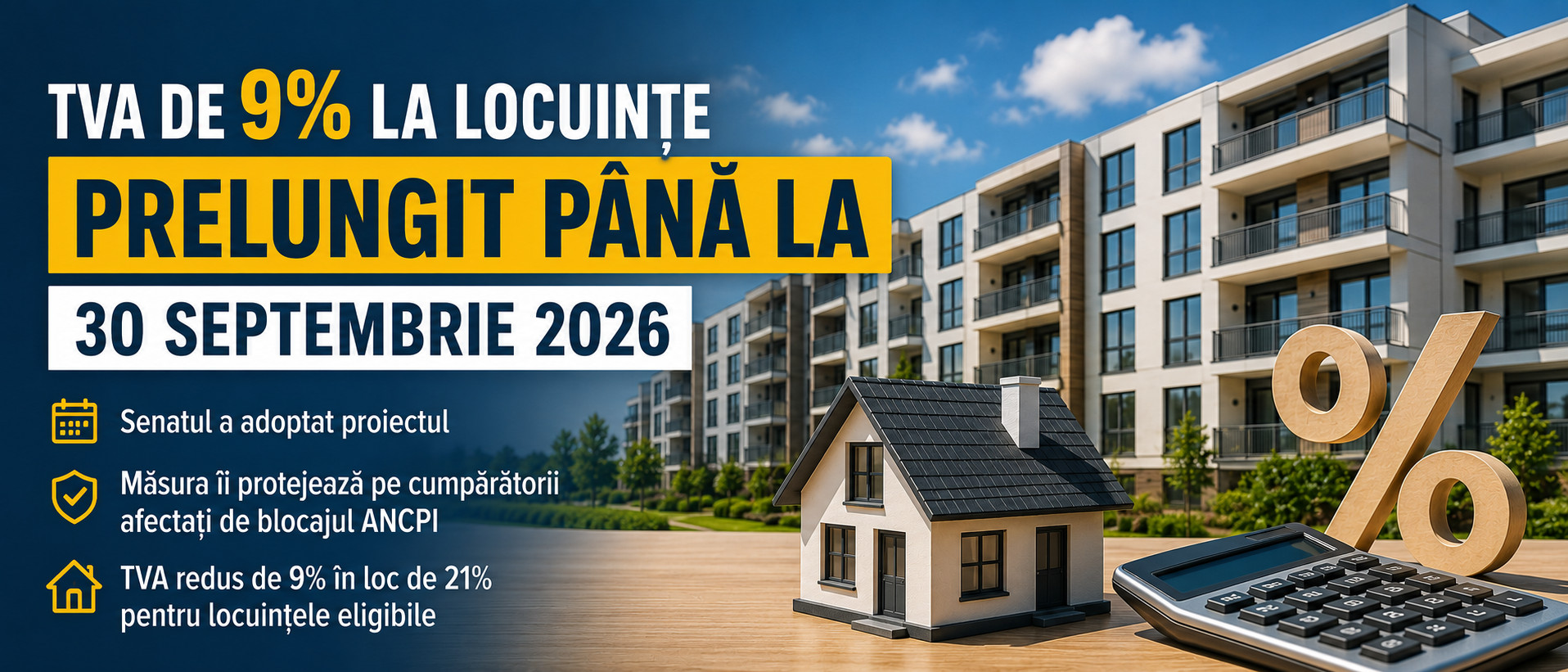 Termenul pentru locuințele cu TVA de 9% sau 19%, prelungit până la 30 septembrie. Senatul a adoptat proiectul